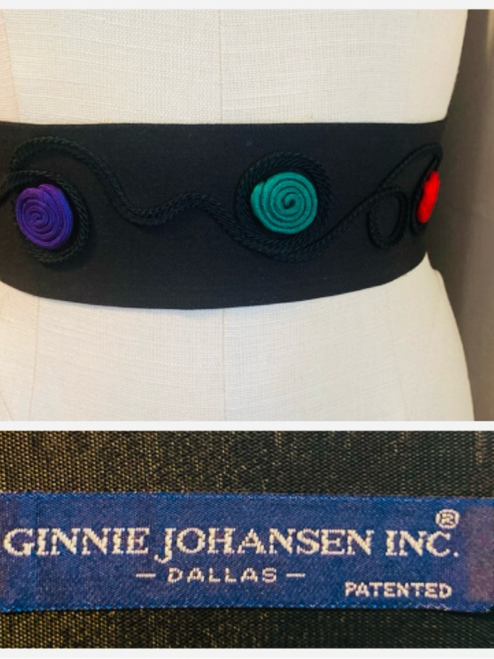 Ginnie Johansen Black Waist Belt with Colorful Rosettes vintage
